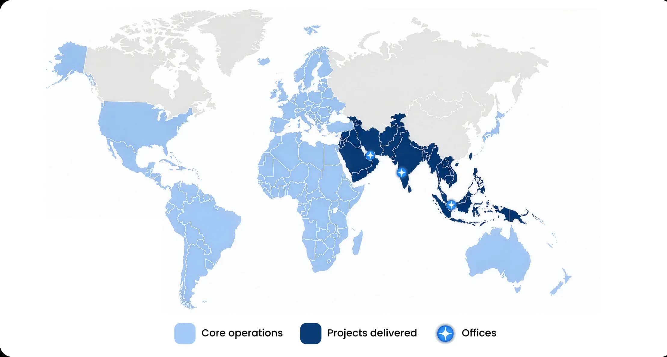 Map of docfliq operations — core operations, projects delivered, and offices